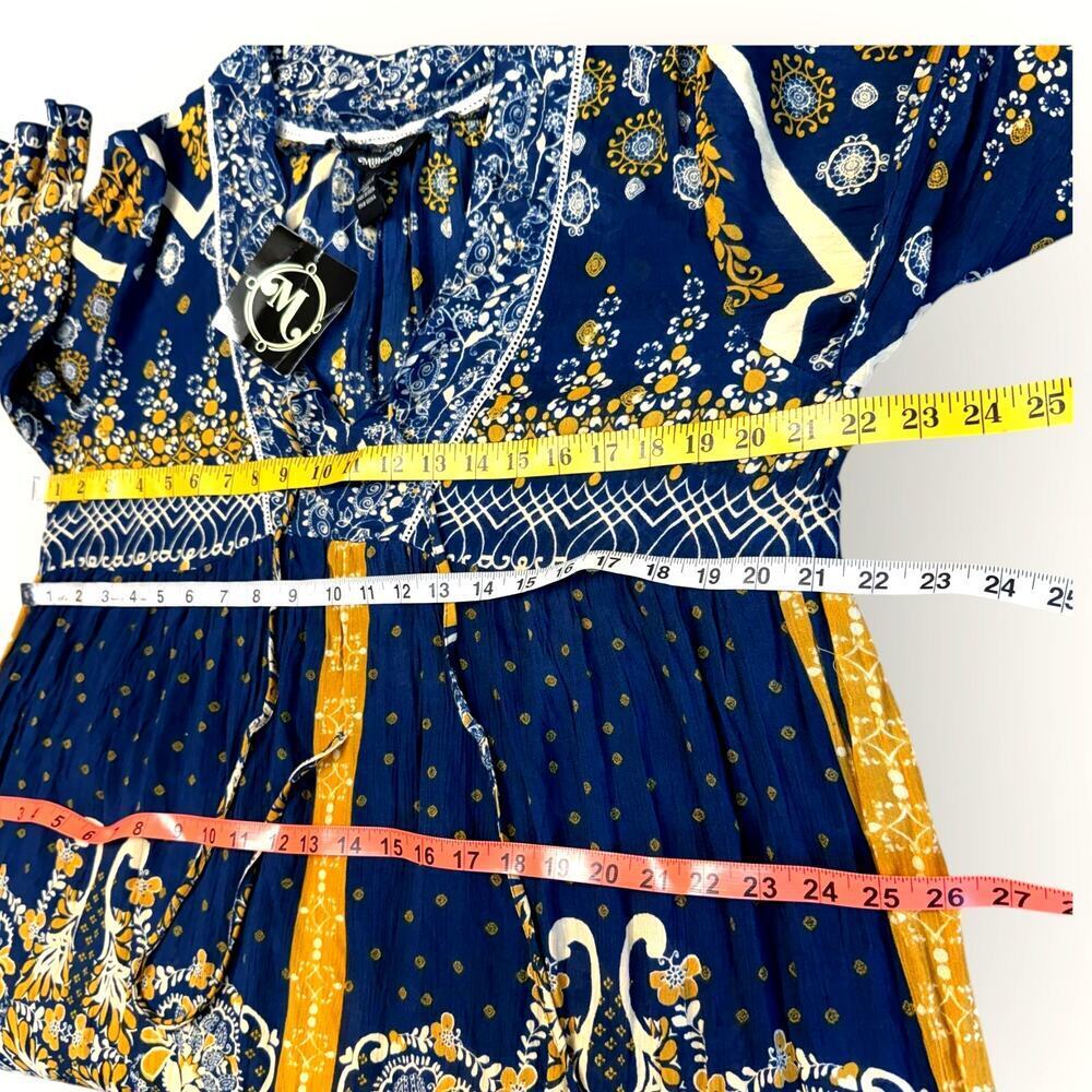 Millenium New Top Blouse Tunic Dress Womens L Bohemian Paisley Navy Gold Peasant - Picture 10 of 12